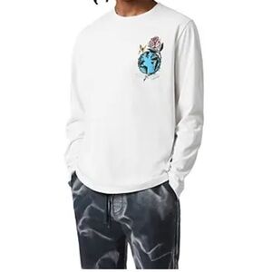 All Saints White Long Sleeve Shirt with Blue and Pink Graphic